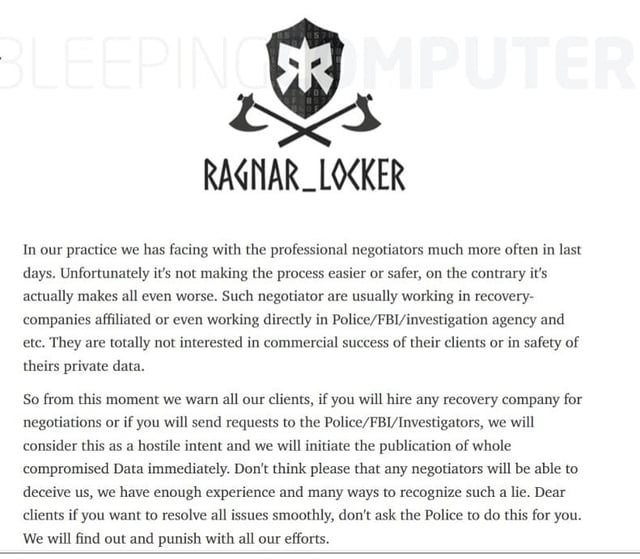 Ransomware Group Ragnar Locker Threatens Data Leaks if Law Enforcement Contacted
