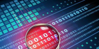 Magnifying glass inspecting some binary code. 3D illustration.