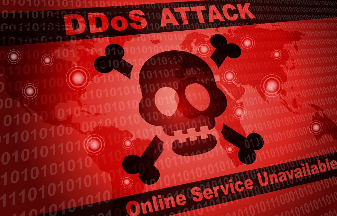 Red DDoS attack warning on binary and world map background.