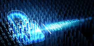 3D rendering of a virtual lock icon with Penetration Test label on a binary coded background.