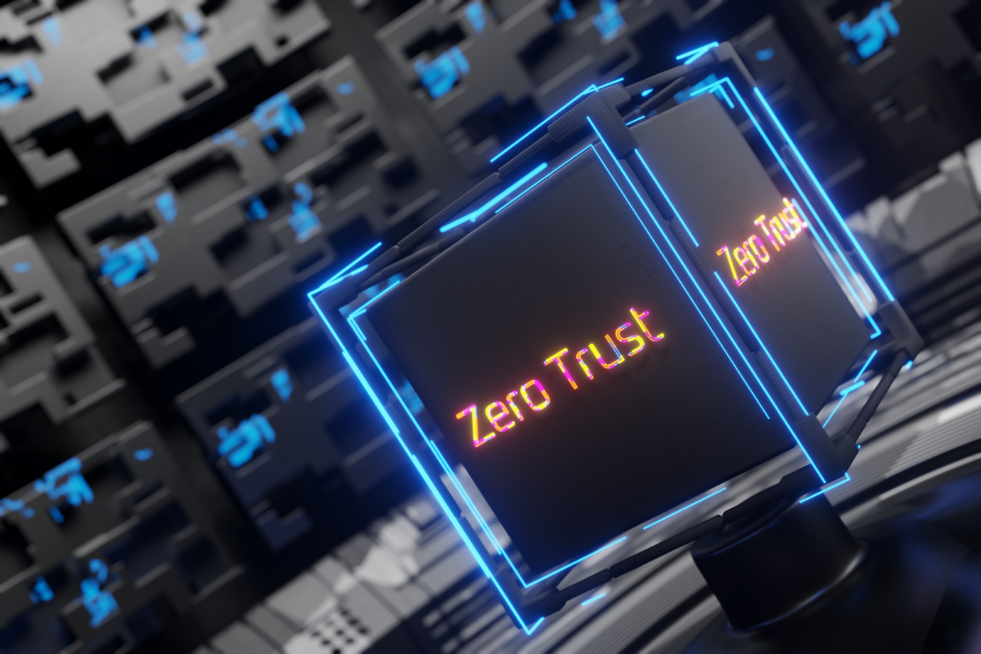 Virtual black cube with zero trust inscription on a technological design background.