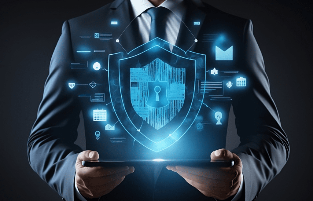 Businessman holding a tablet with a projection of a blue shield with keyhole logo.