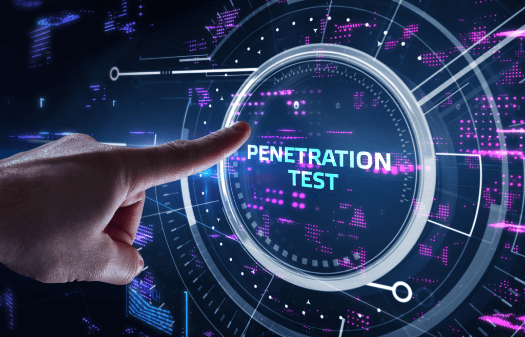 Young businessman select the PENETRATION TEST inscription on the virtual display.