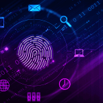 Fingerprint image surrounded by technology icons.