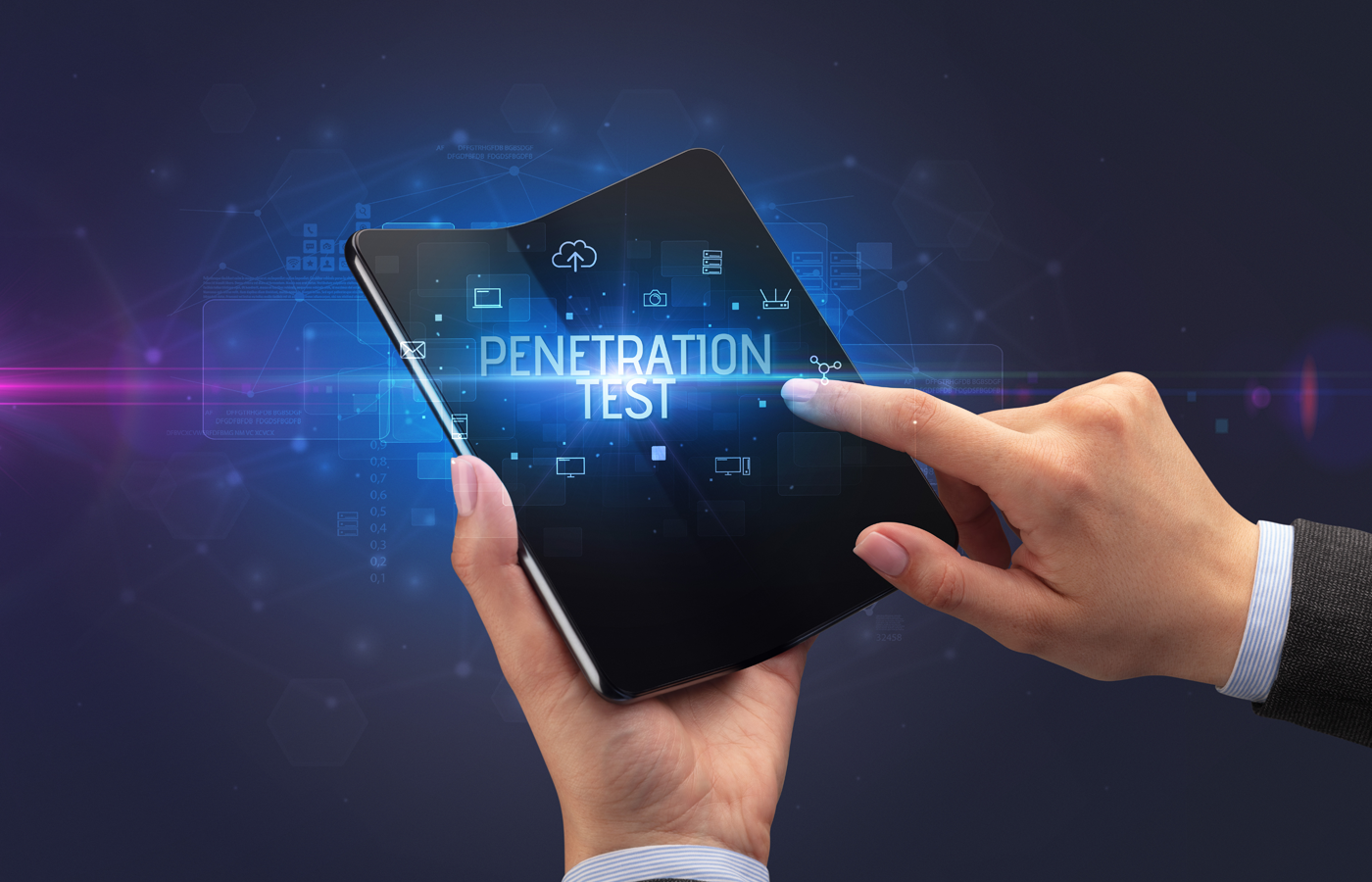 Businessman holding a foldable smartphone with a virtual Penetration Test inscription and icons.