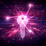 Virtual key with quantum effect on a digital cyberspace background.