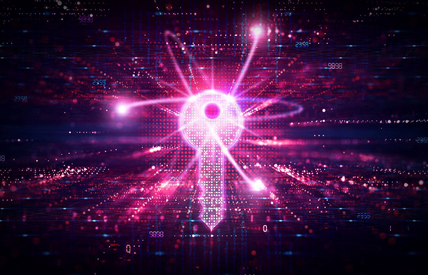 Virtual key with quantum effect on a digital cyberspace background.