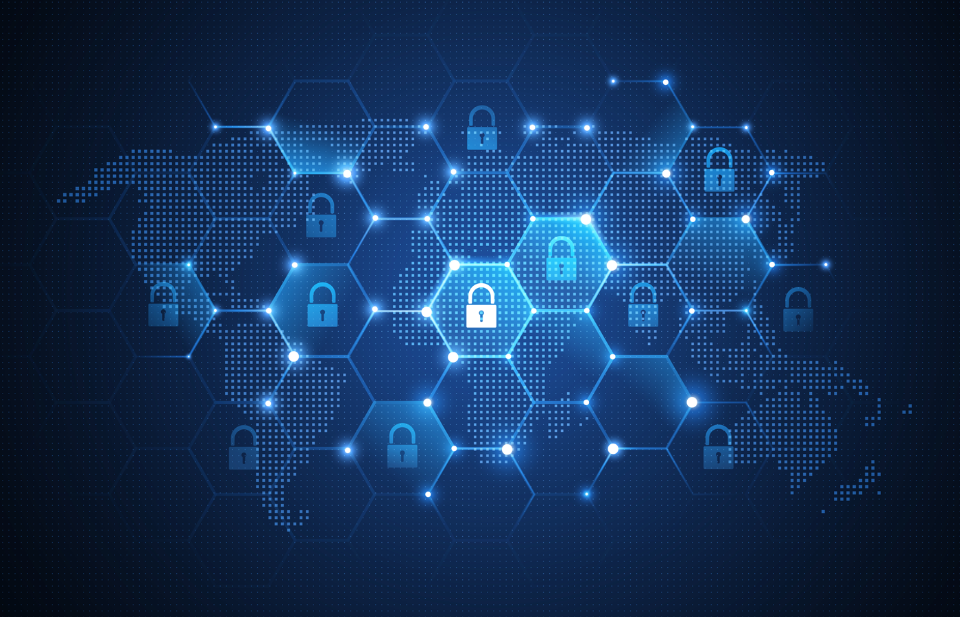 Network of virtual cells with lock icon on a background of digital map.