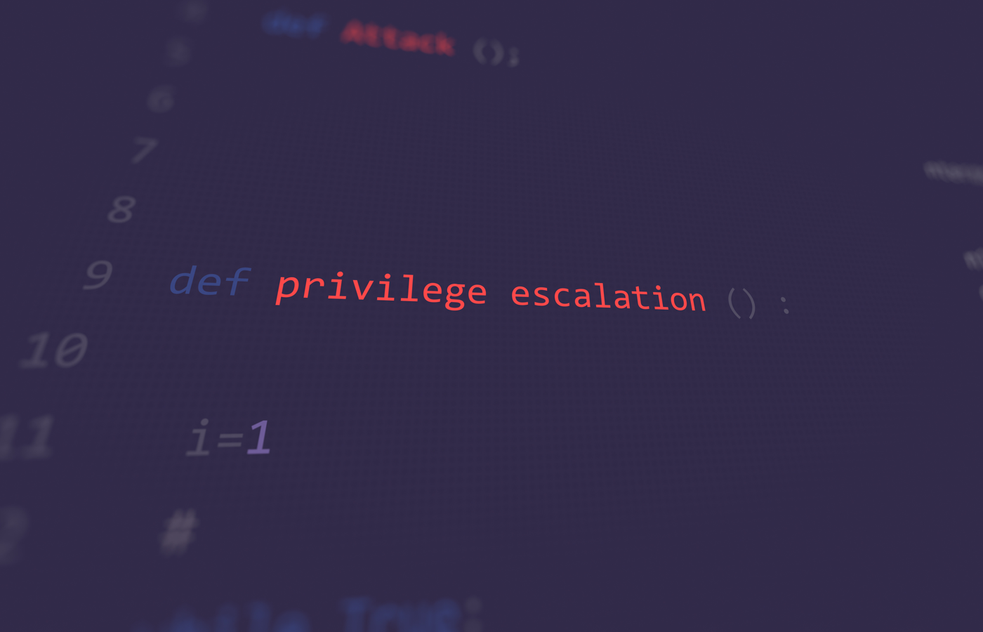 Cyber attack privilege escalation vulnerability in text ASCII art style, code on editor screen.