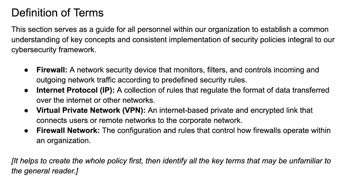Definition of Terms section of the firewall policy.