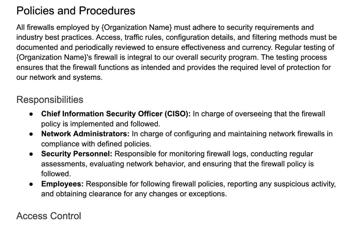 Policies and Procedures section of the firewall policy.