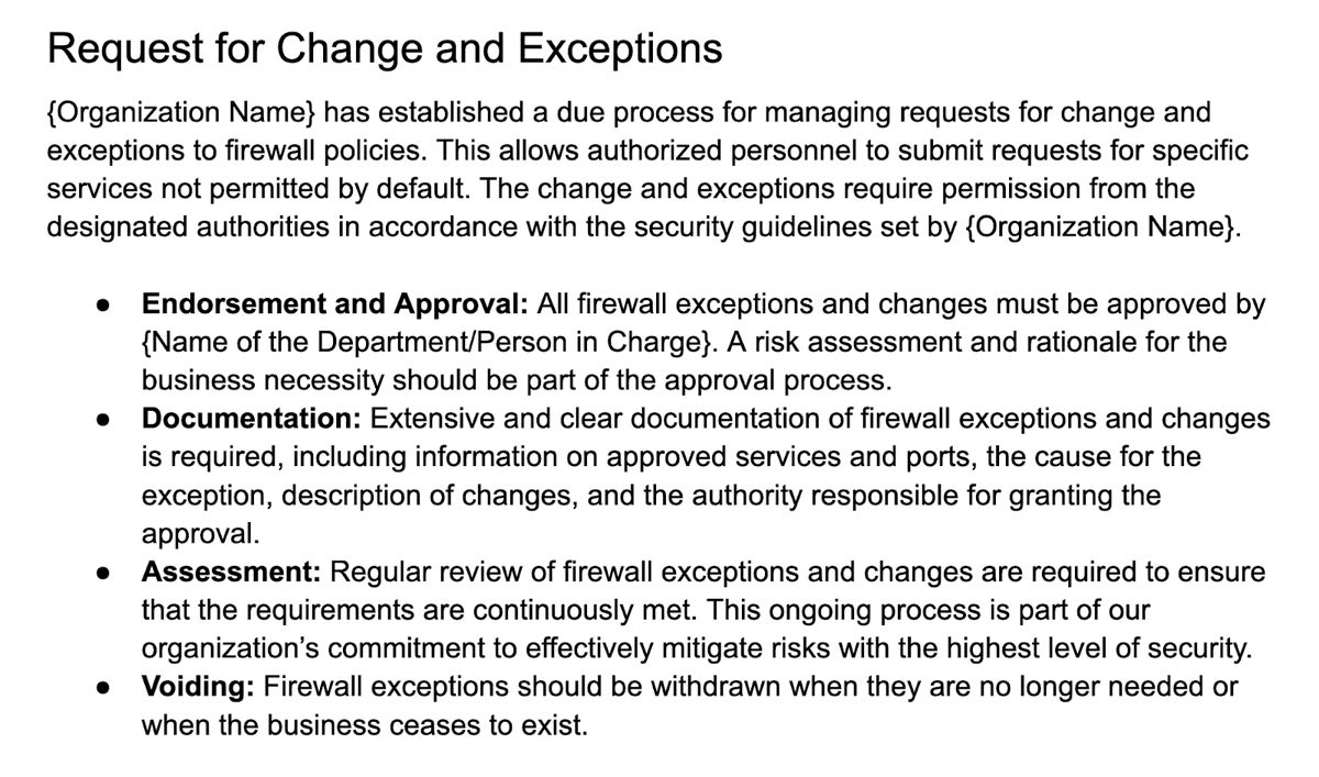 Request for Change and Exceptions section of the firewall policy.