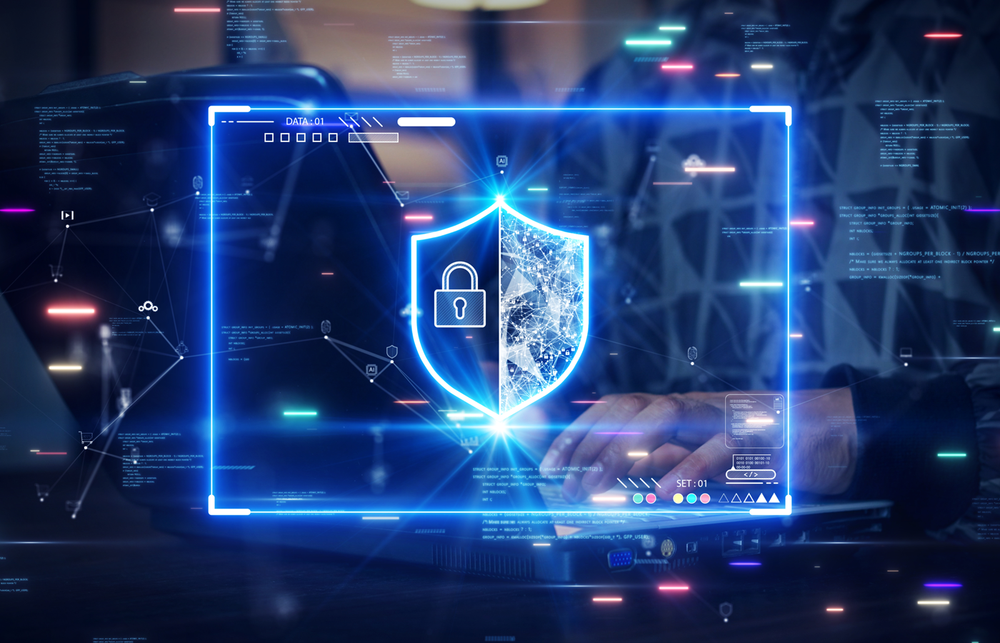 Digital blue shield with lock icon on digital on virtual screen.