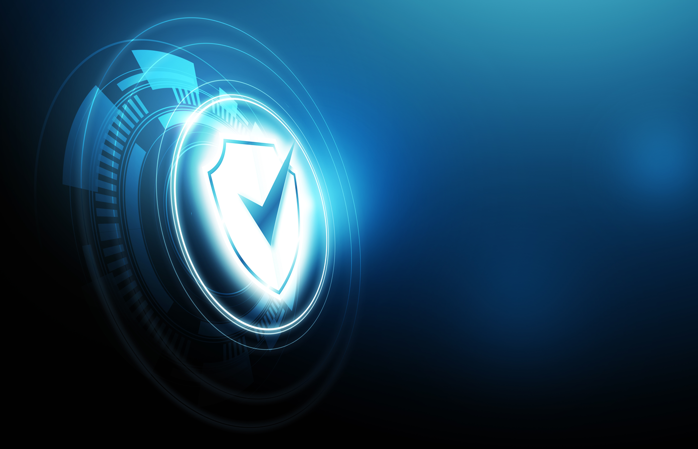 Vector illustration of a glowing white shield with check mark.