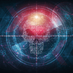 Scope target on a cluster of dots resembling a skull on a technology background.