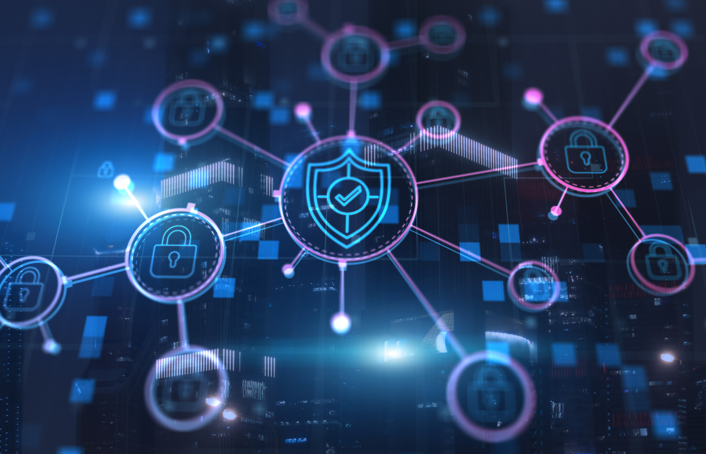 Cybersecurity data protection icons on interconnected nodes on a digital background.