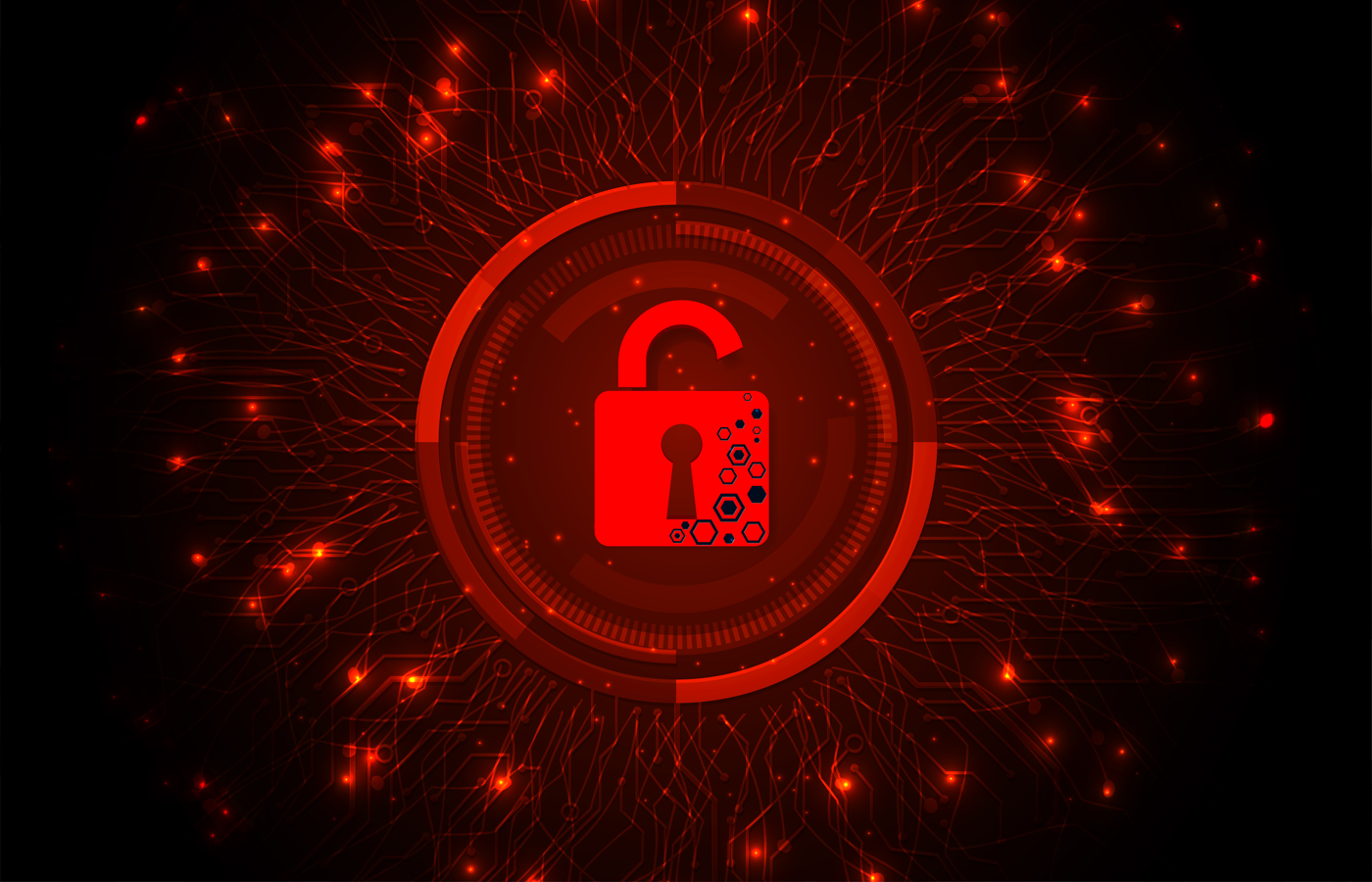 Open red digital padlock on dark red background.