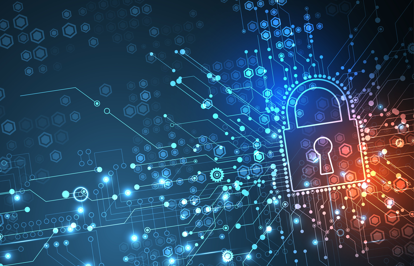 Virtual lock icon embedded on a complex circuit grid.