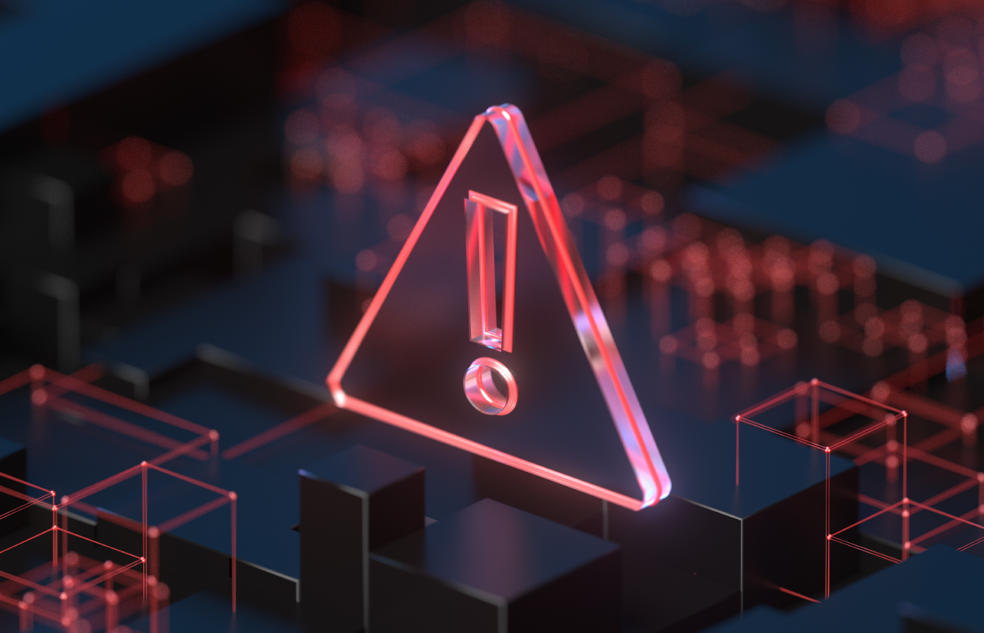 3D warning sign floating on black and red cubic platforms.