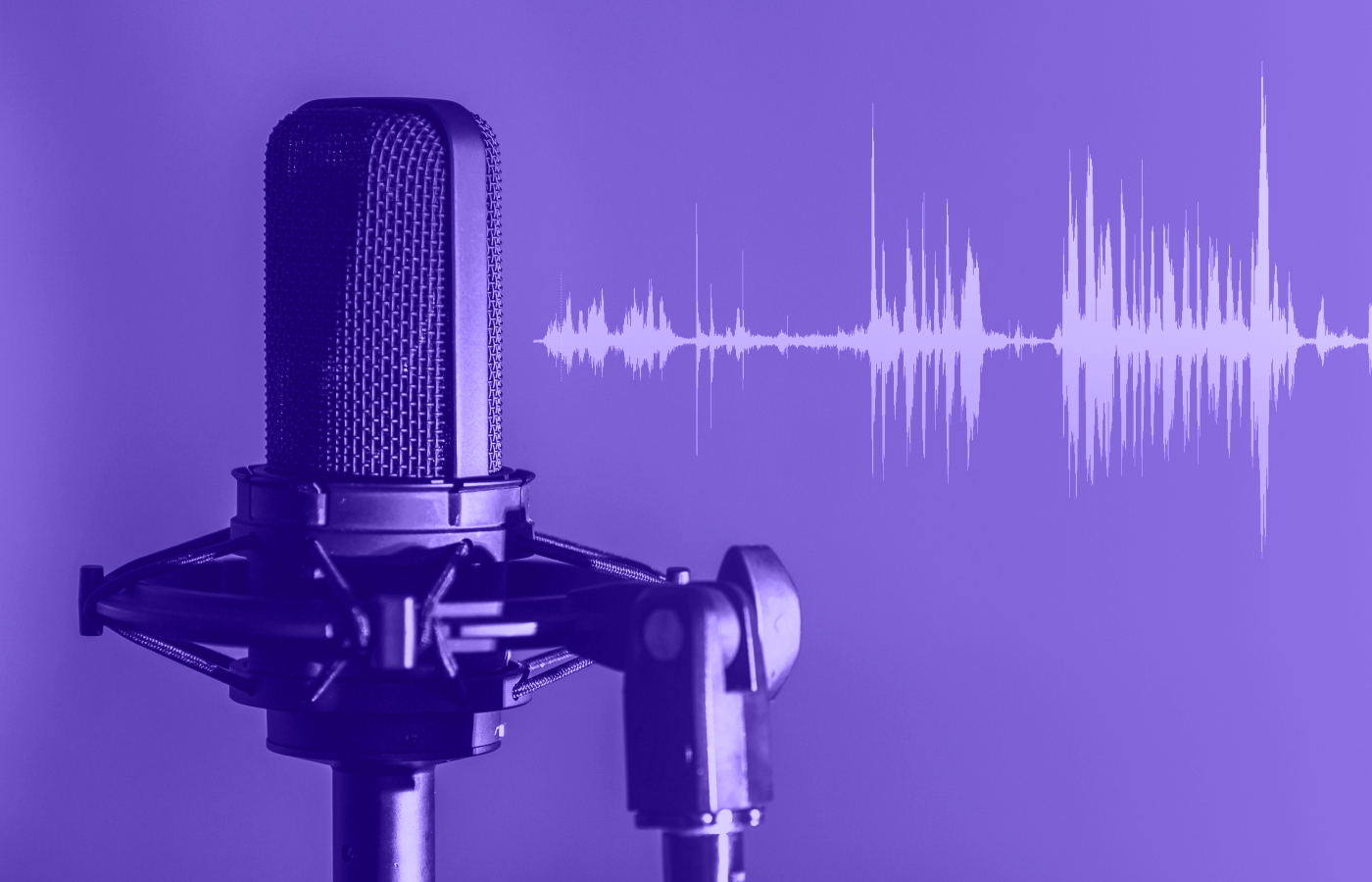 Microphone with waveform on purple background.