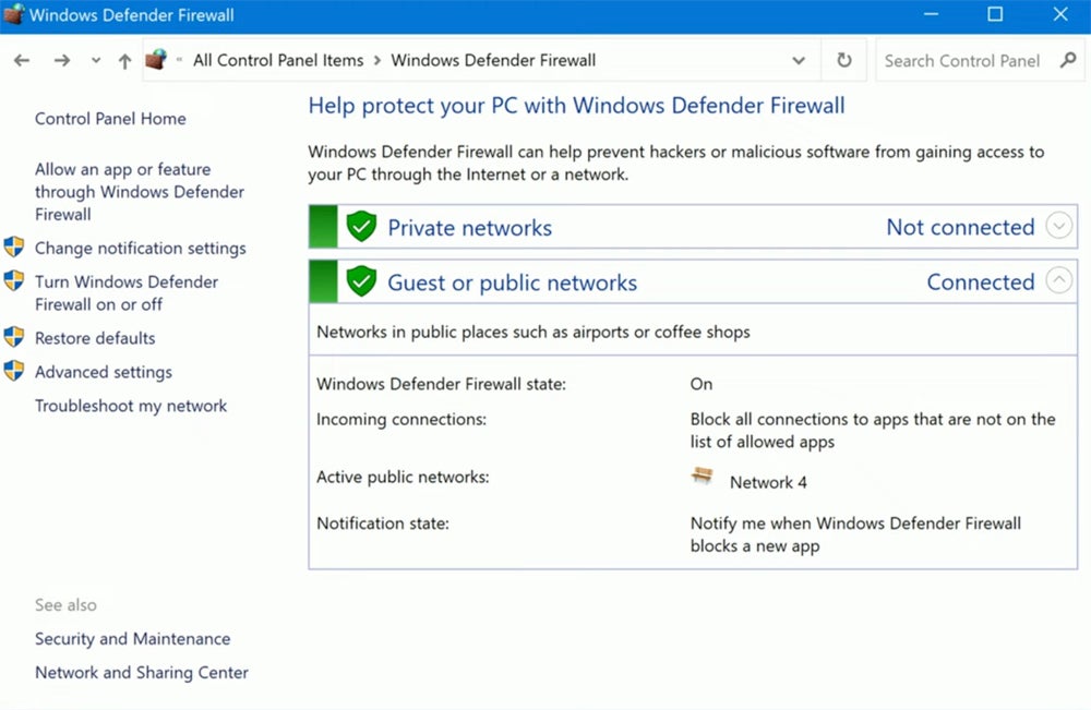 Sample Windows Defender Firewall prompts for firewall activation.