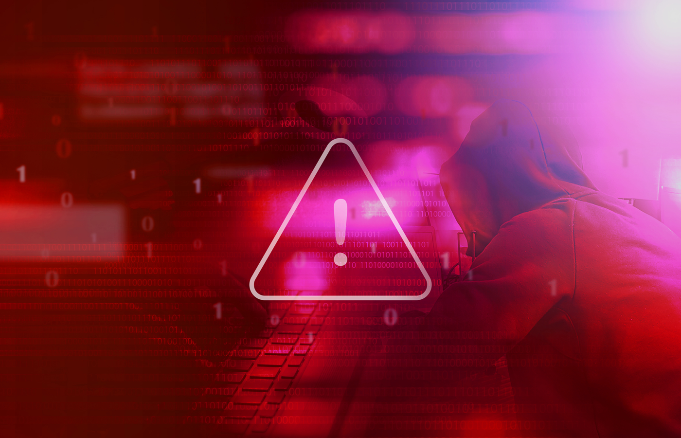 Warning icon on red cybersecurity background.