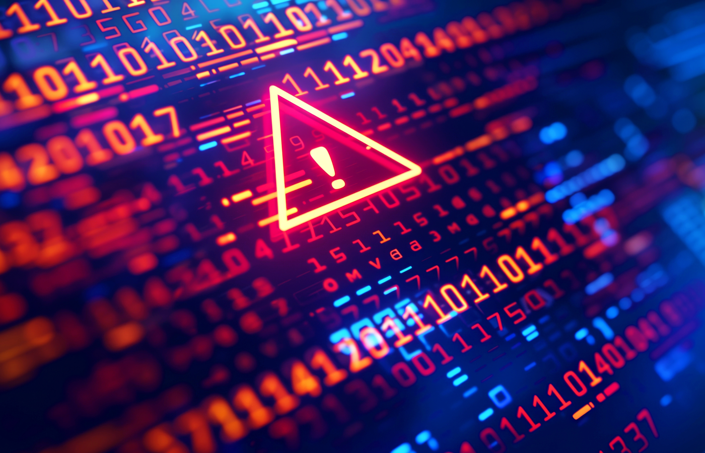 A digital alert icon over glowing binary code represents a cybersecurity threat or data breach.