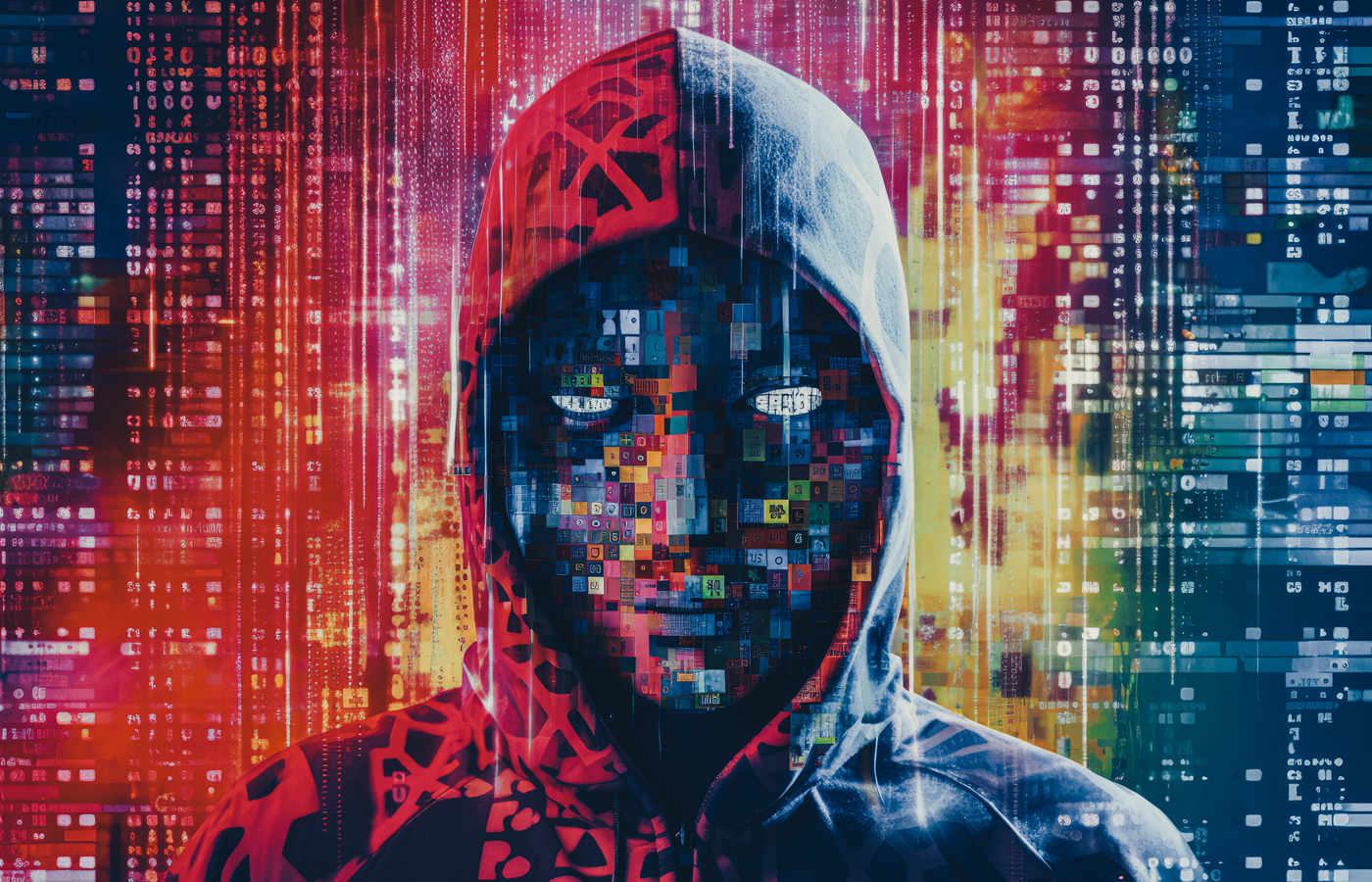 AI-generated image of a hacker in mask on dark background with digital effects.