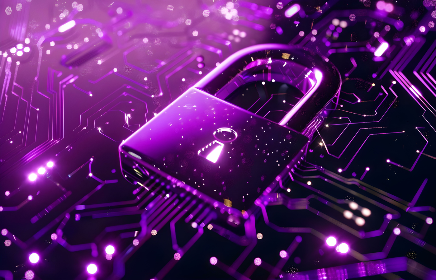 Neon purple cybersecurity padlock on circuit board background.