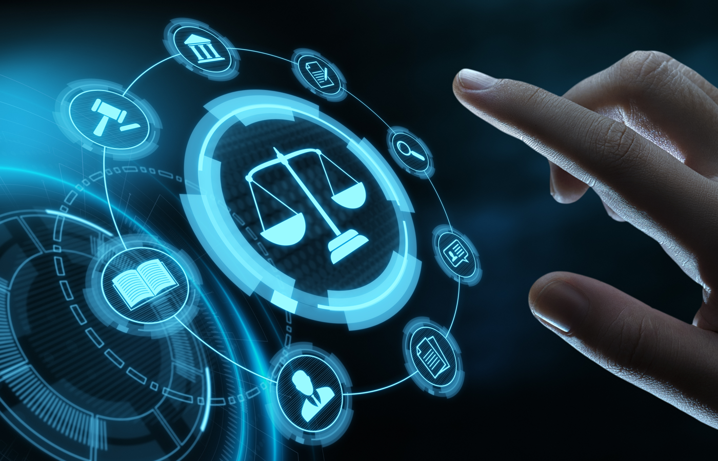 Hand interacting with virtual legal-related icons.