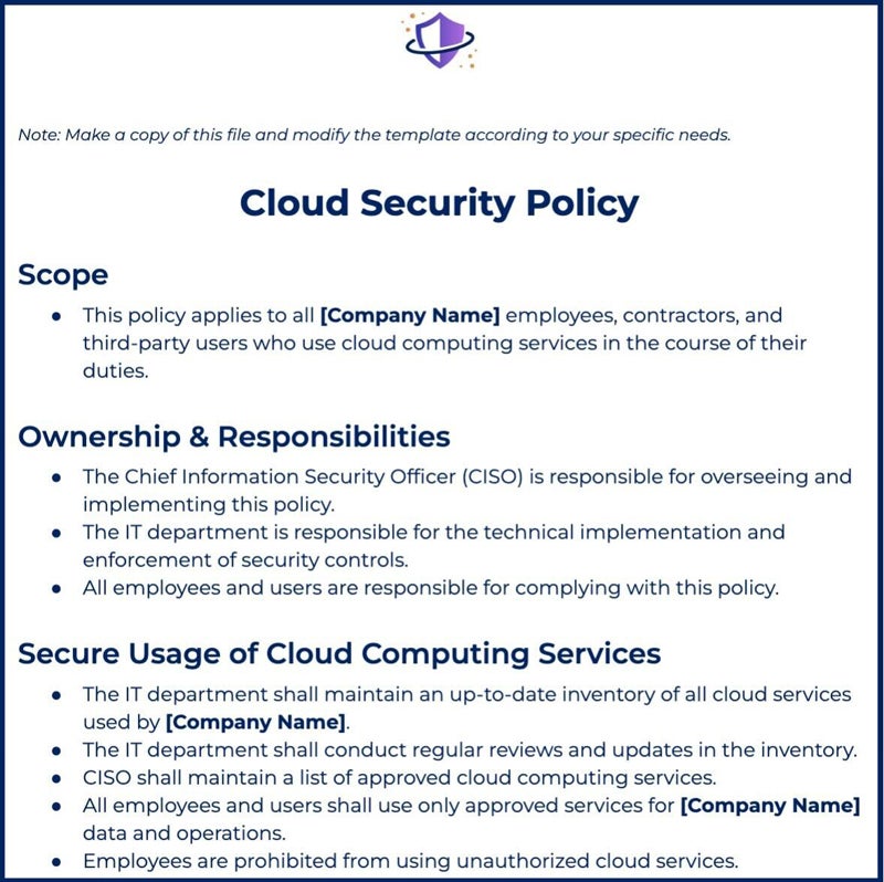 Cloud Security Policy template preview.