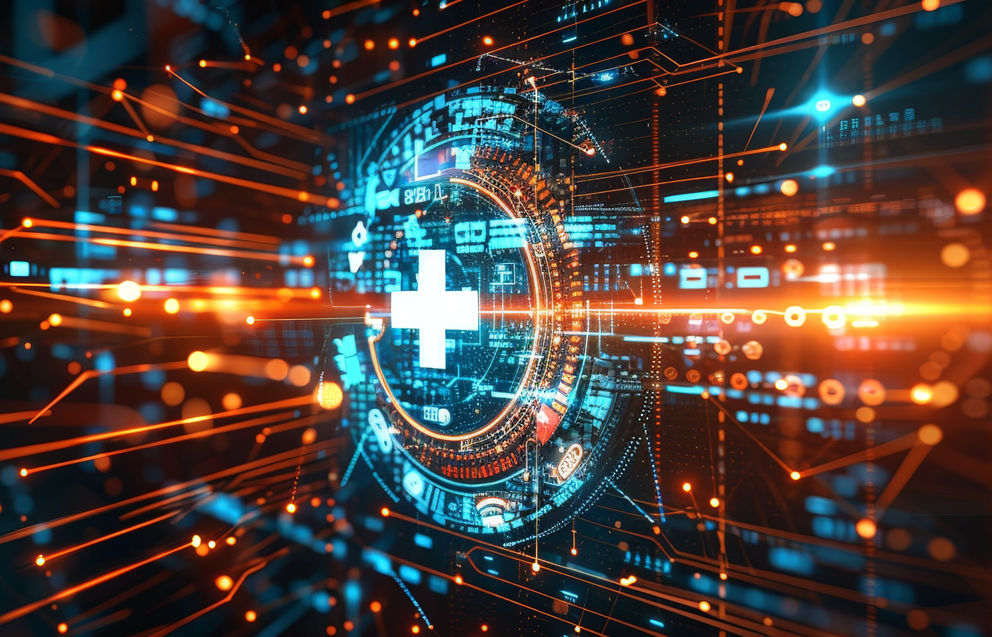 AI-generated image of healthcare cross icon on cyberspace.