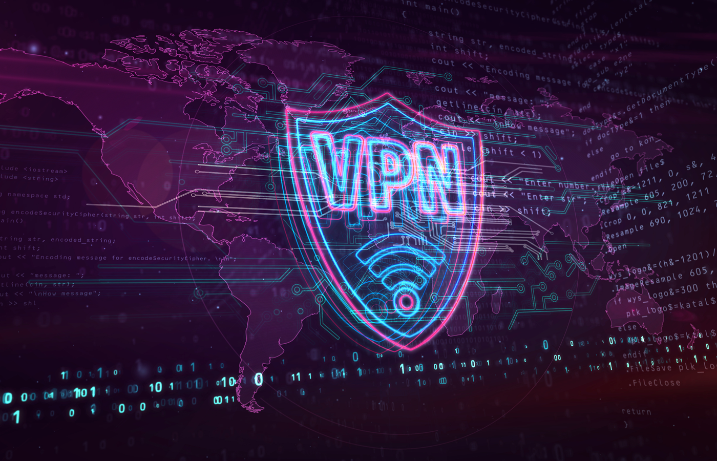 VPN neon sign on abstract global technology background.
