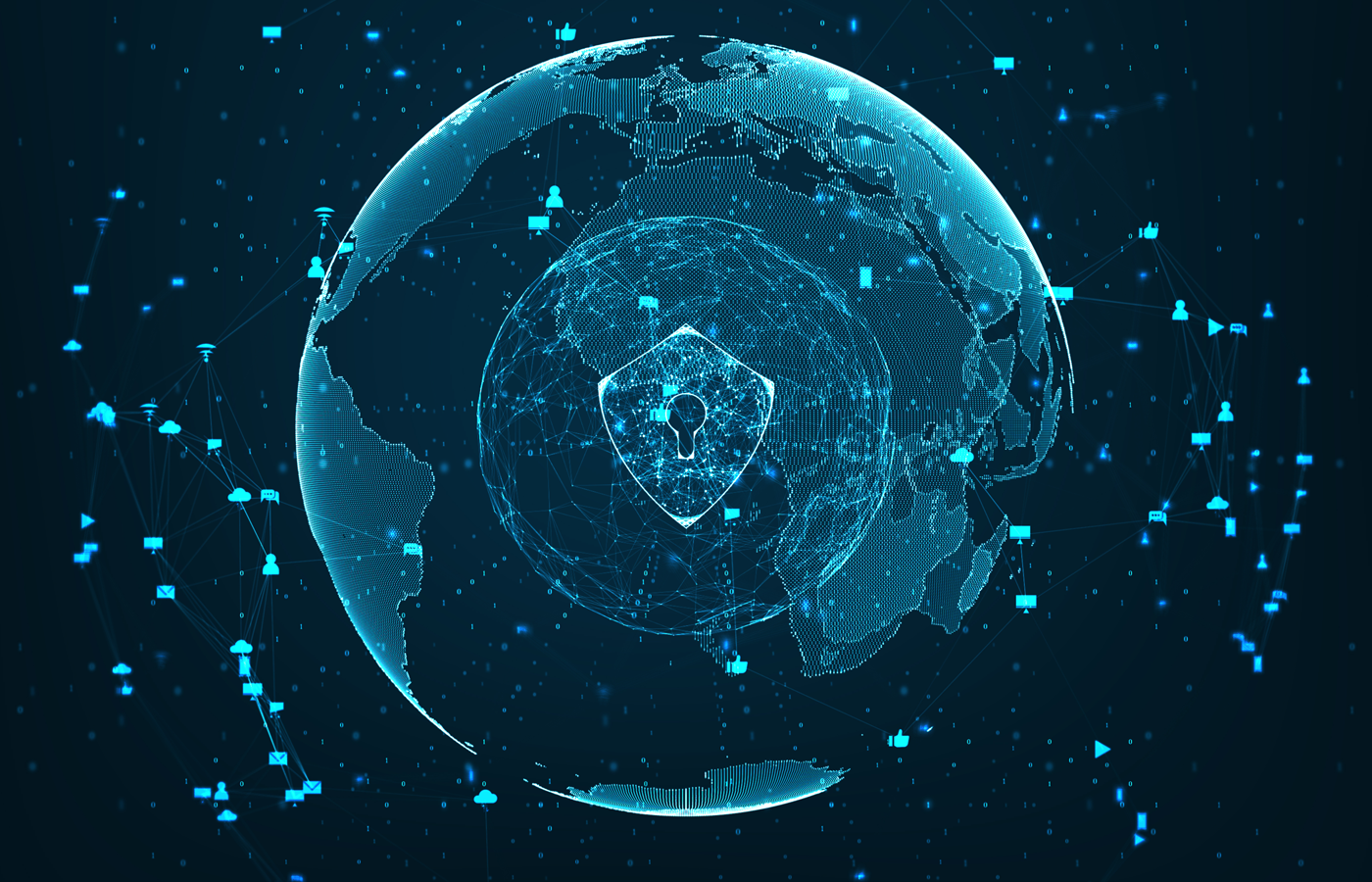 Virtual shield and globe surrounded by a network related icons.