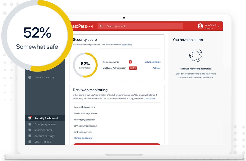 Security score and dark web monitoring in LastPass.