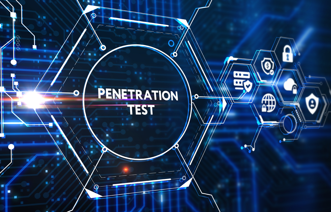 Penetration Test label with technology related icons on a technological background.