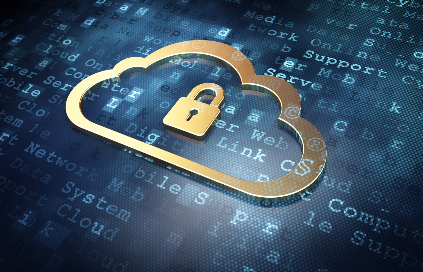 Golden cloud with padlock on digital background.