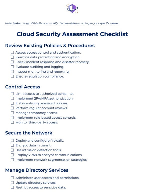 Cloud Security Assessment Checklist template preview.