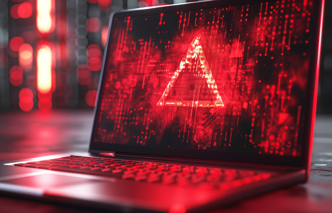 An ominous red warning sign on a laptop screen, symbolizing a cybersecurity threat or data breach.