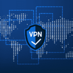 Flat vector illustration of a shield with check mark and VPN text on a background of a digital map of the world.