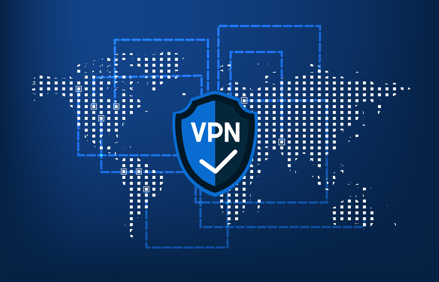 Flat vector illustration of a shield with check mark and VPN text on a background of a digital map of the world.