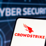 CrowdStrike logo seen displayed on a smartphone with cybersecurity background.