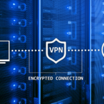 VPN process diagram on a background of server racks.