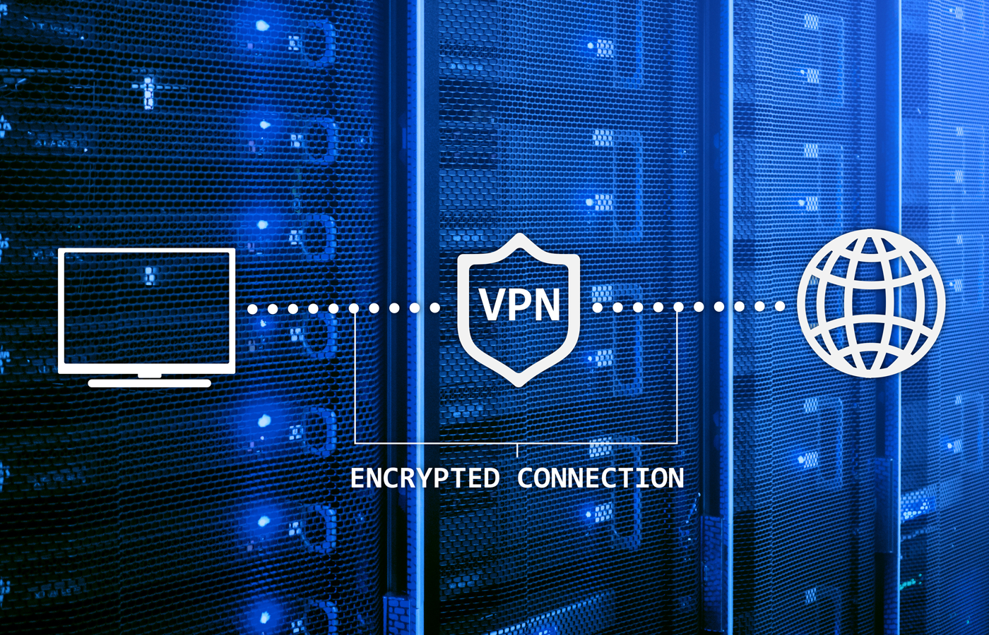 VPN process diagram on a background of server racks.