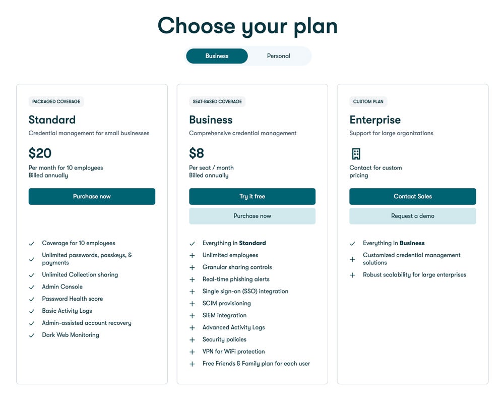 Dashlane Business pricing plans.