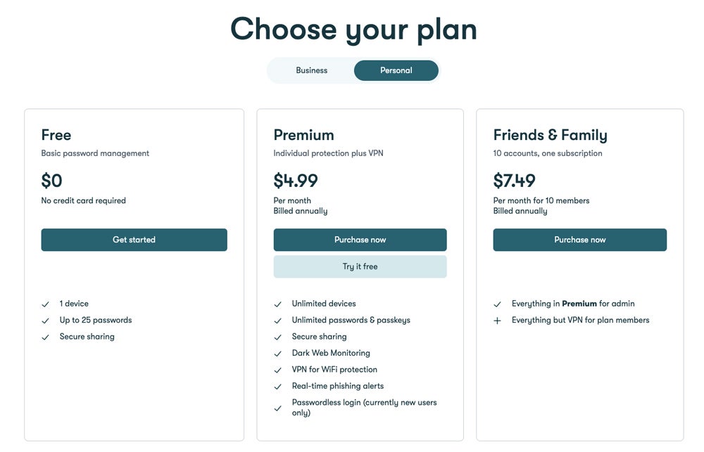 Dashlane Personal pricing plans.