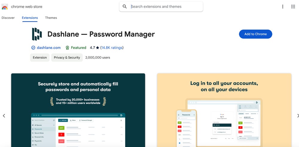 Dashlane app on Chrome Web Store.