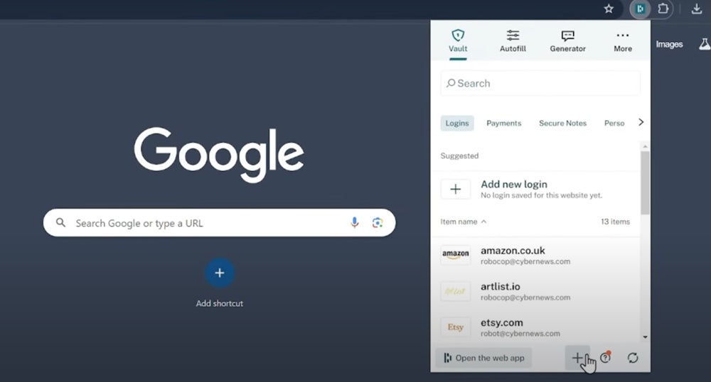 Dashlane extension menu on Google Chrome.