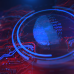 Virtual fingerprint and binary values on a background of circuit grid.