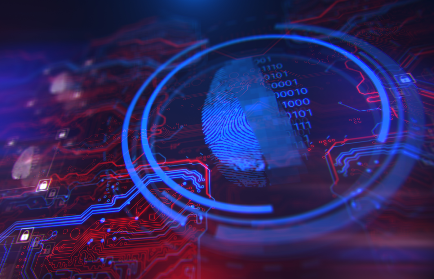 Virtual fingerprint and binary values on a background of circuit grid.